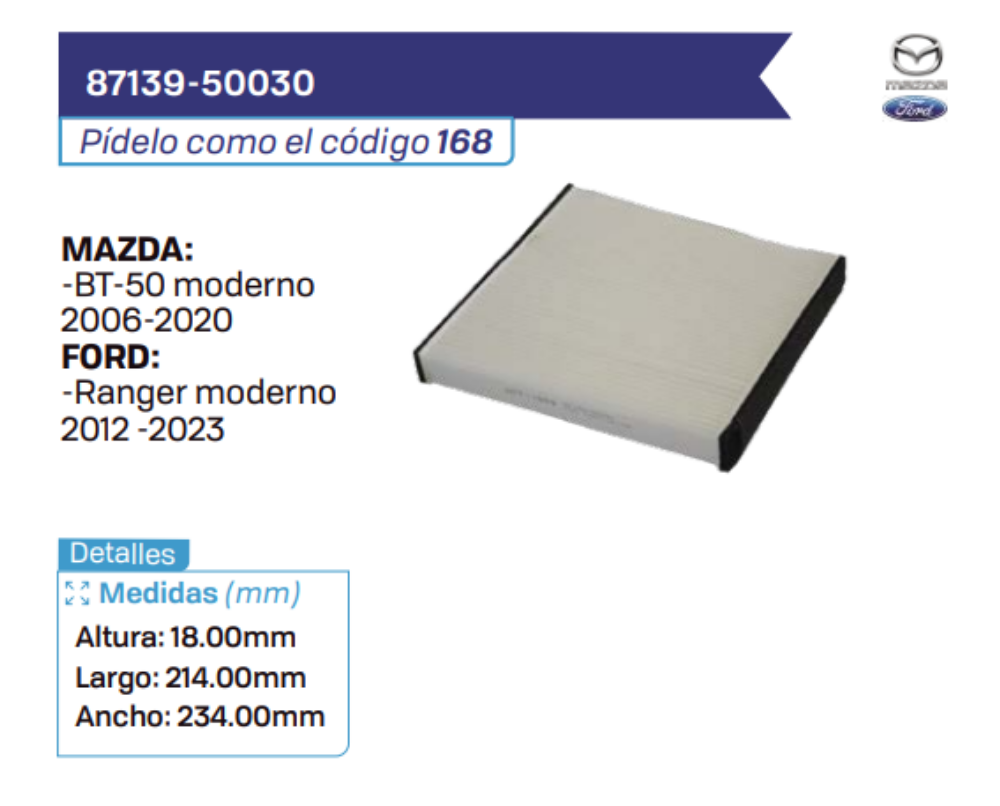 87139-50030 Filtros de cabina MAZDA - FORD