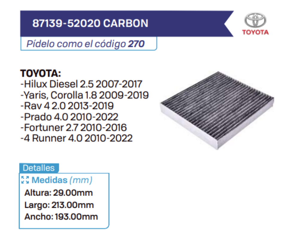 87139-52020 CARBON Filtros de cabina TOYOTA