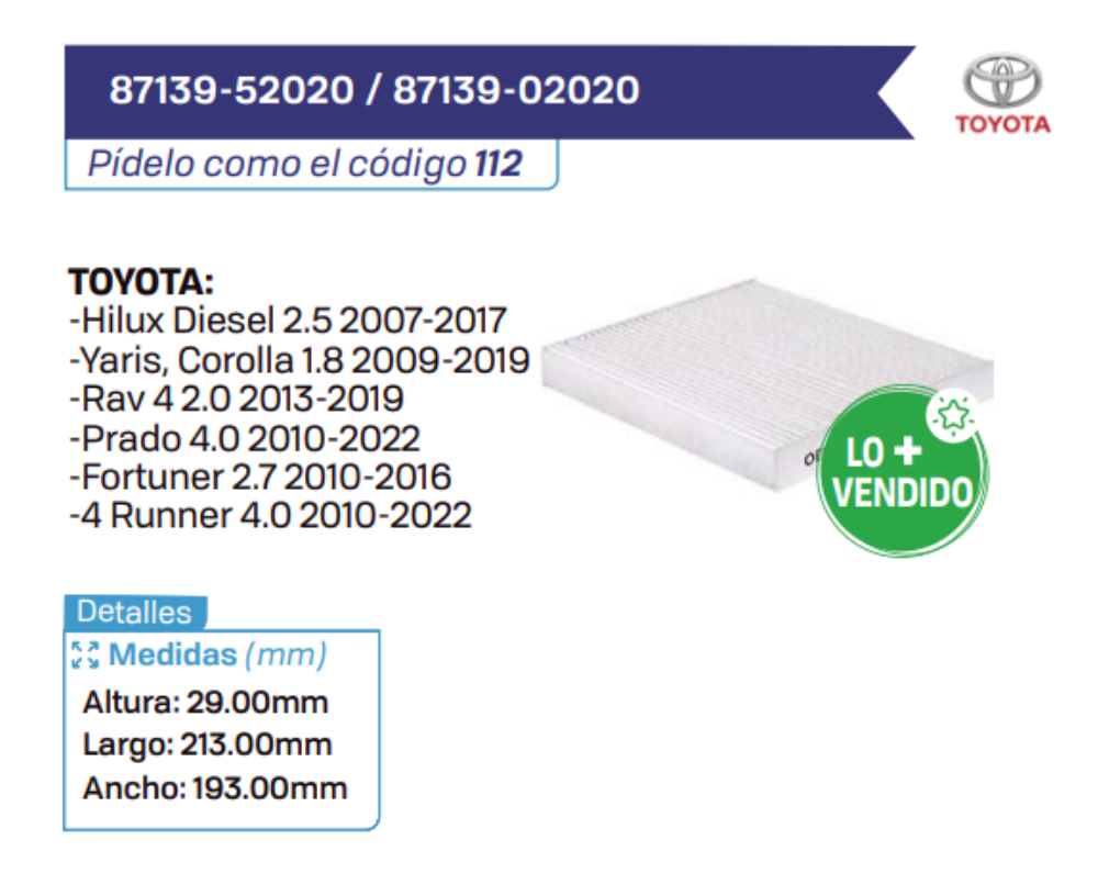 87139-52020 _ 87139-02020 Filtros de cabina TOYOTA