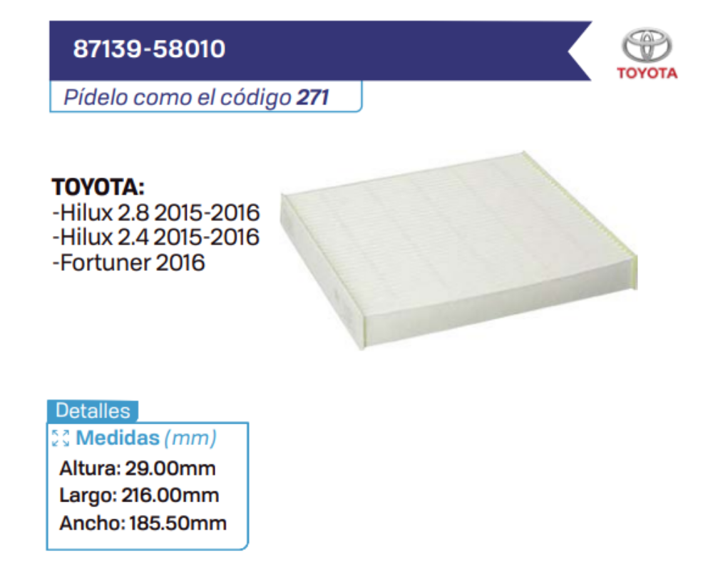 87139-58010 Filtros de cabina TOYOTA