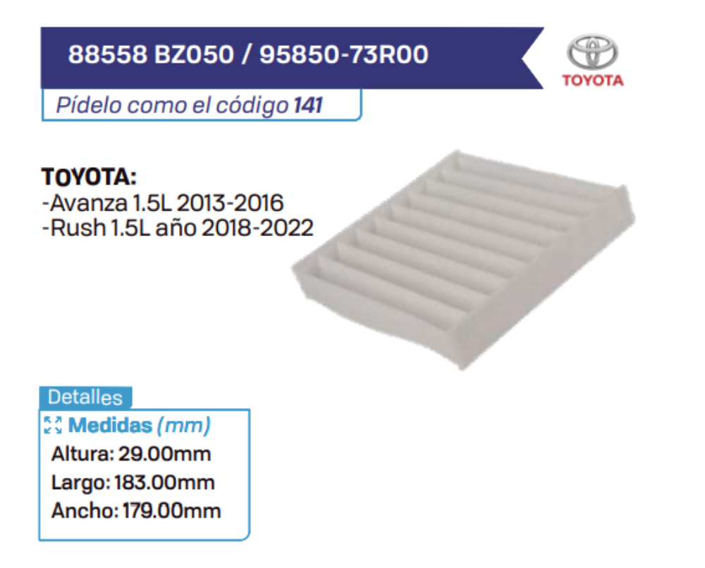 88558 BZ050 _ 95850-73R00 Filtros de cabina TOYOTA