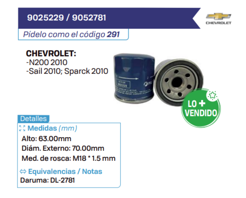 9025229 _ 9052781 Filtros de aceite CHEVROLET