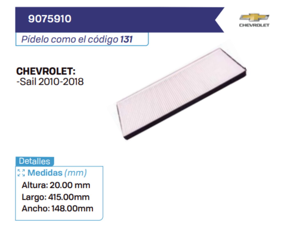 9075910 Filtros de cabina CHEVROLET