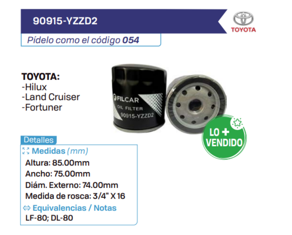 90915-YZZD2 Filtros de aceite TOYOTA