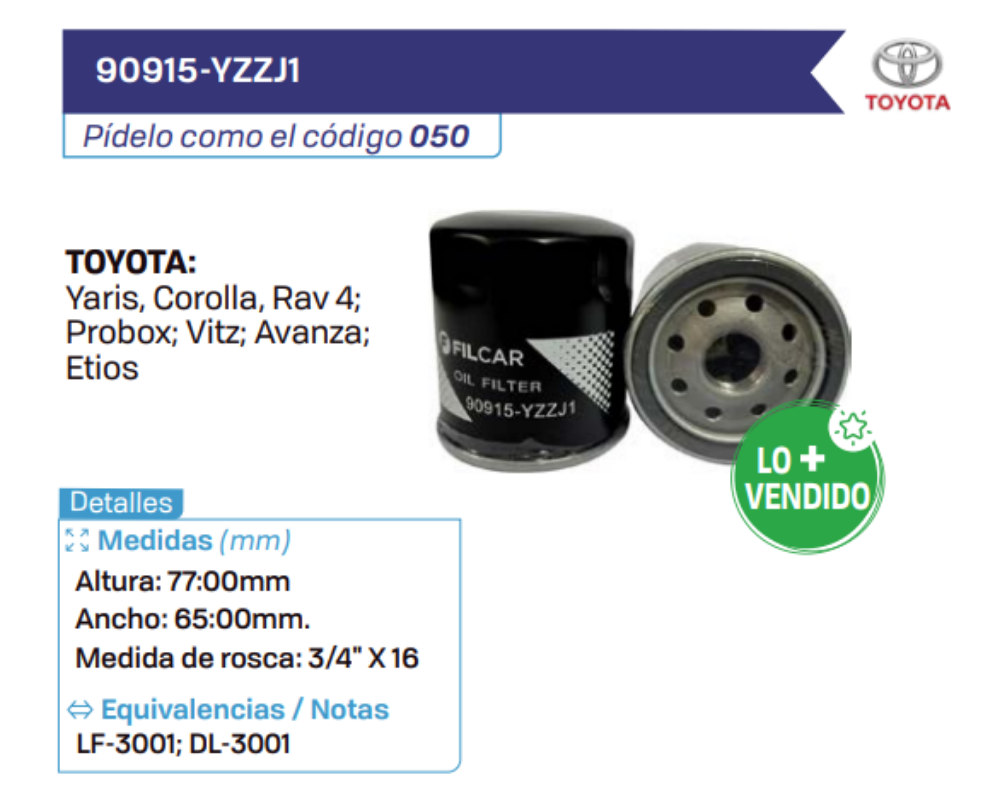 90915-YZZJ1 Filtros de aceite TOYOTA