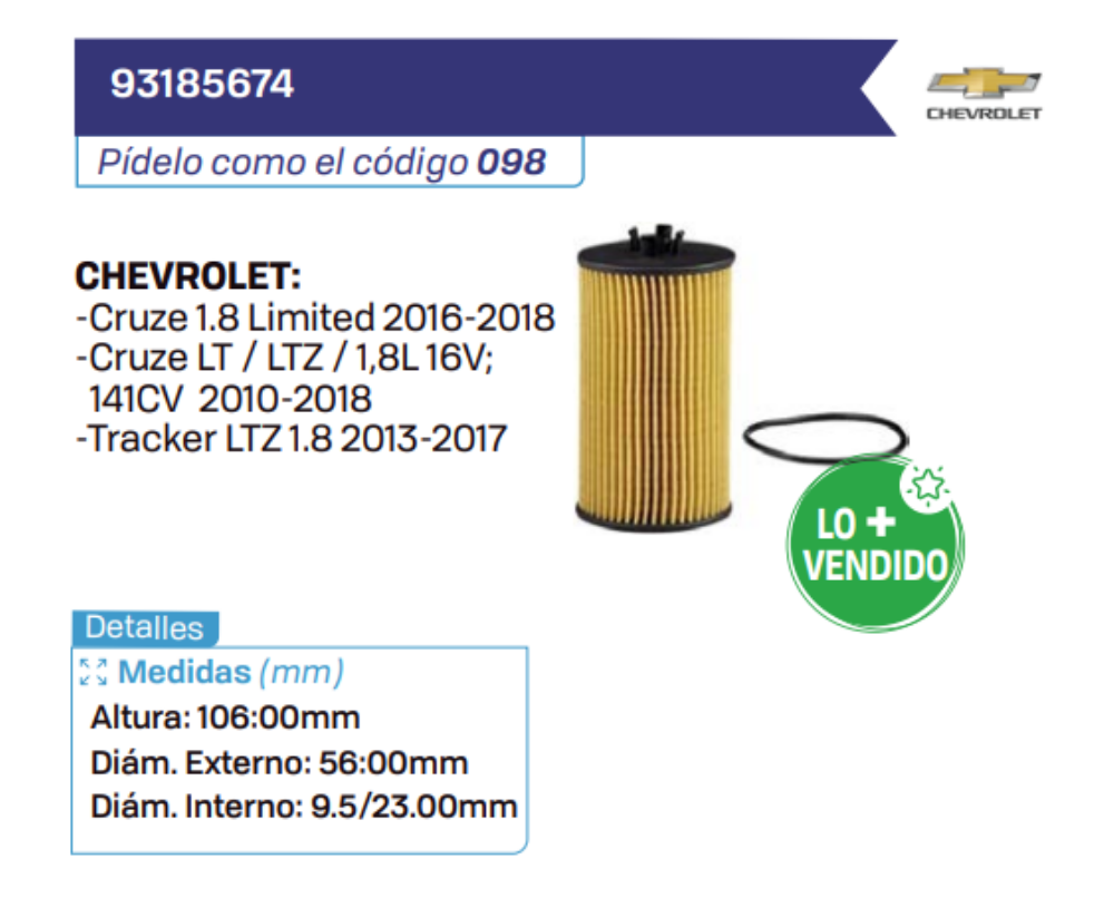 93185674 Filtros de aceite CHEVROLET