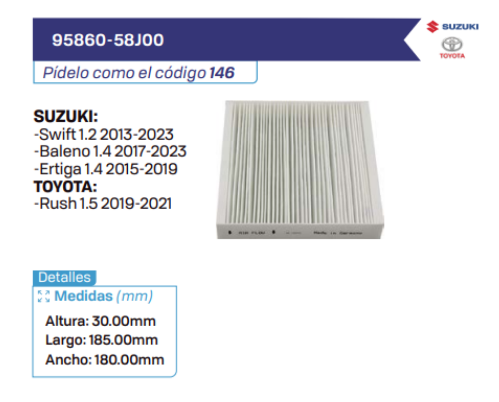 95860-58J00 Filtros de cabina SUZUKI - TOYOTA