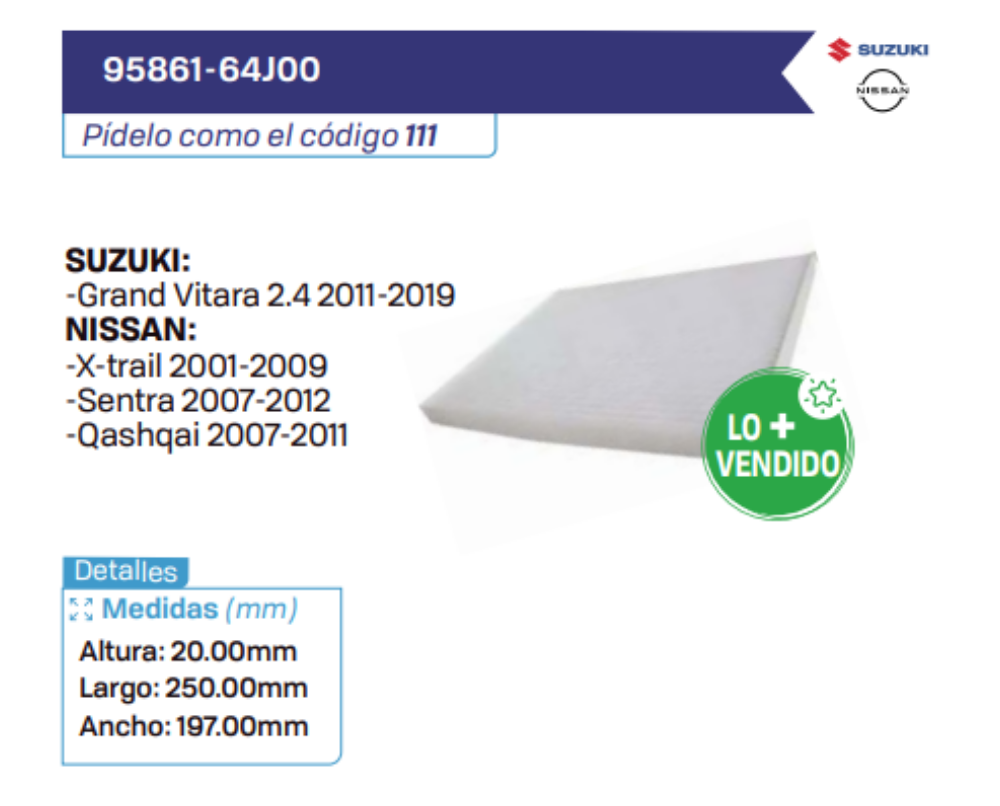 95861-64J00 Filtros de cabina SUZUKI - NISSAN