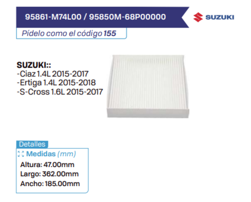 95861-M74L00 _ 95850M-68P00000 Filtros de cabina SUZUKI