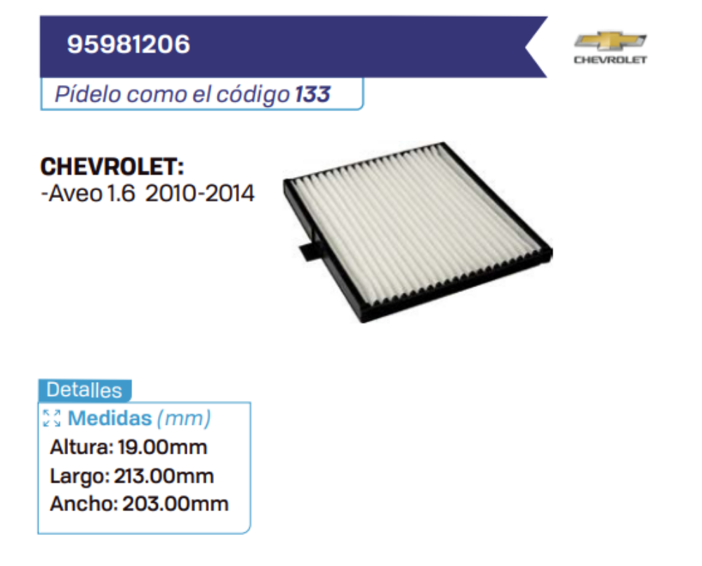 95981206 Filtros de cabina CHEVROLET