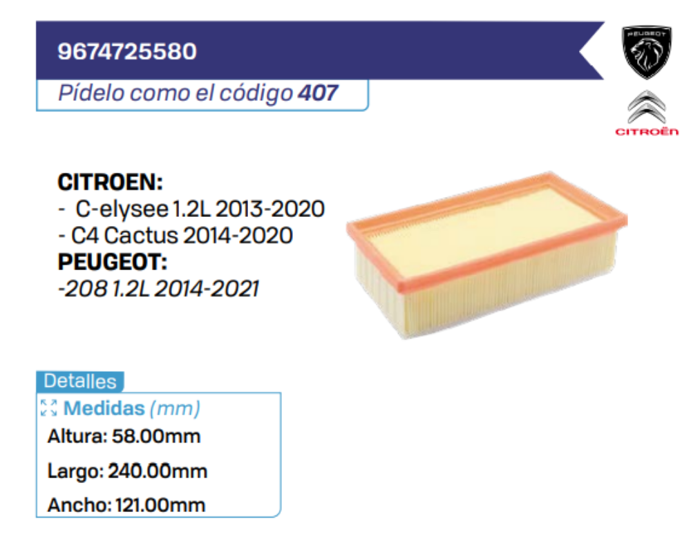 9674725580 Filtros de Aire CITROEN - PEUGEOT