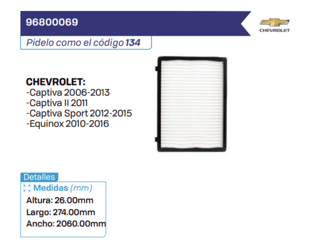 96800069 Filtros de cabina CHEVROLET