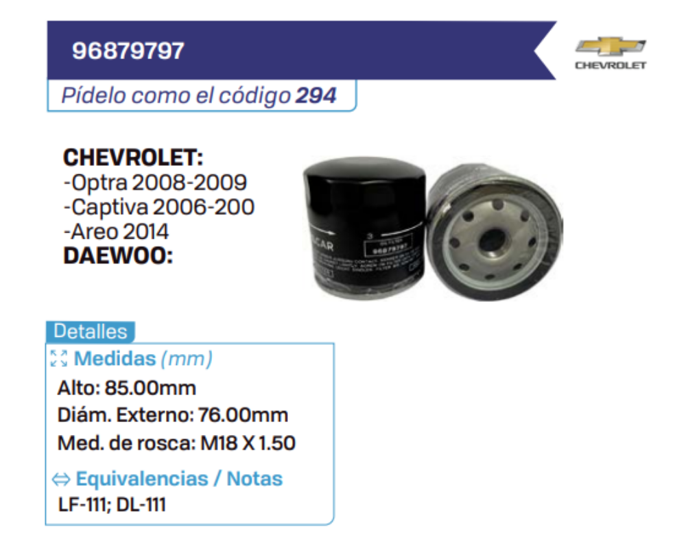 96879797 Filtros de aceite CHEVROLET - DAEWOO