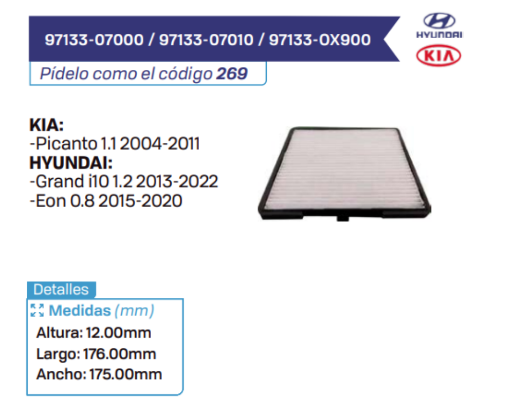 97133-07000 _ 97133-07010 _ 97133-OX900 Filtros de cabina KIA - HYUNDAI