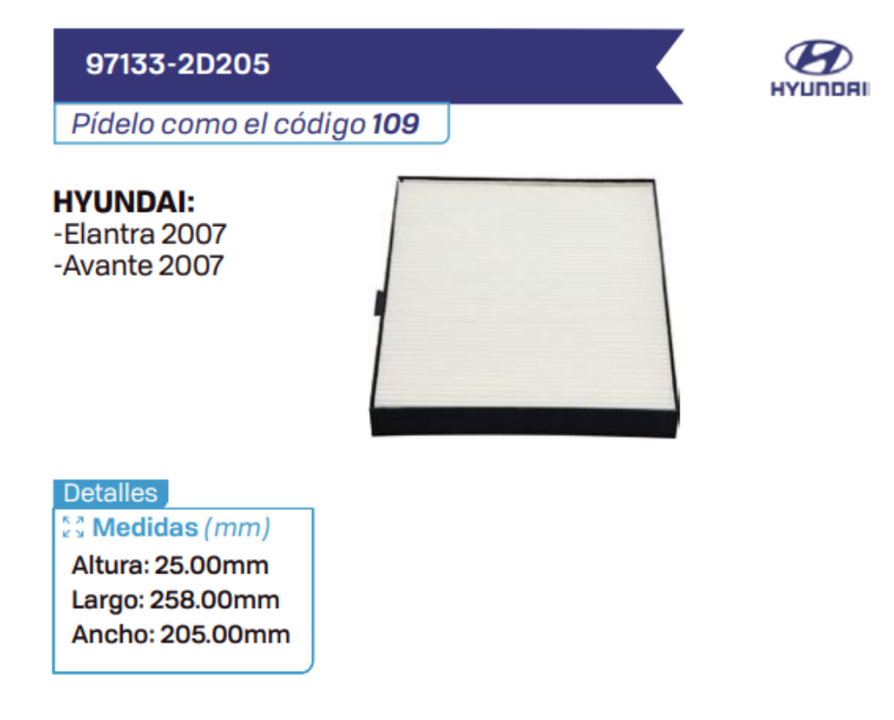 97133-2D205 Filtros de cabina HYUNDAI