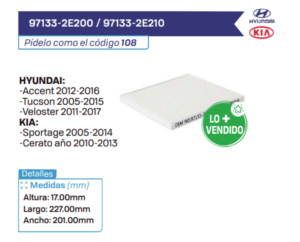 97133-2E200 _ 97133-2E210 Filtros de cabina HYUNDAI - KIA