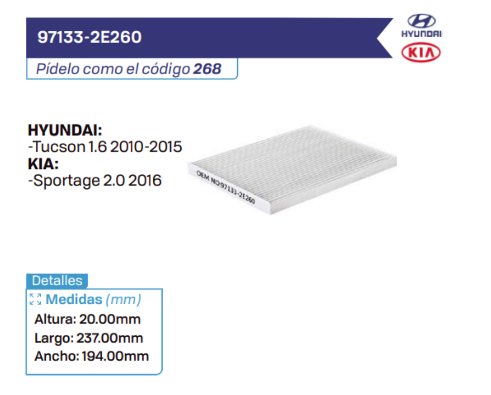 97133-2E260 Filtros de cabina HYUNDAI - KIA