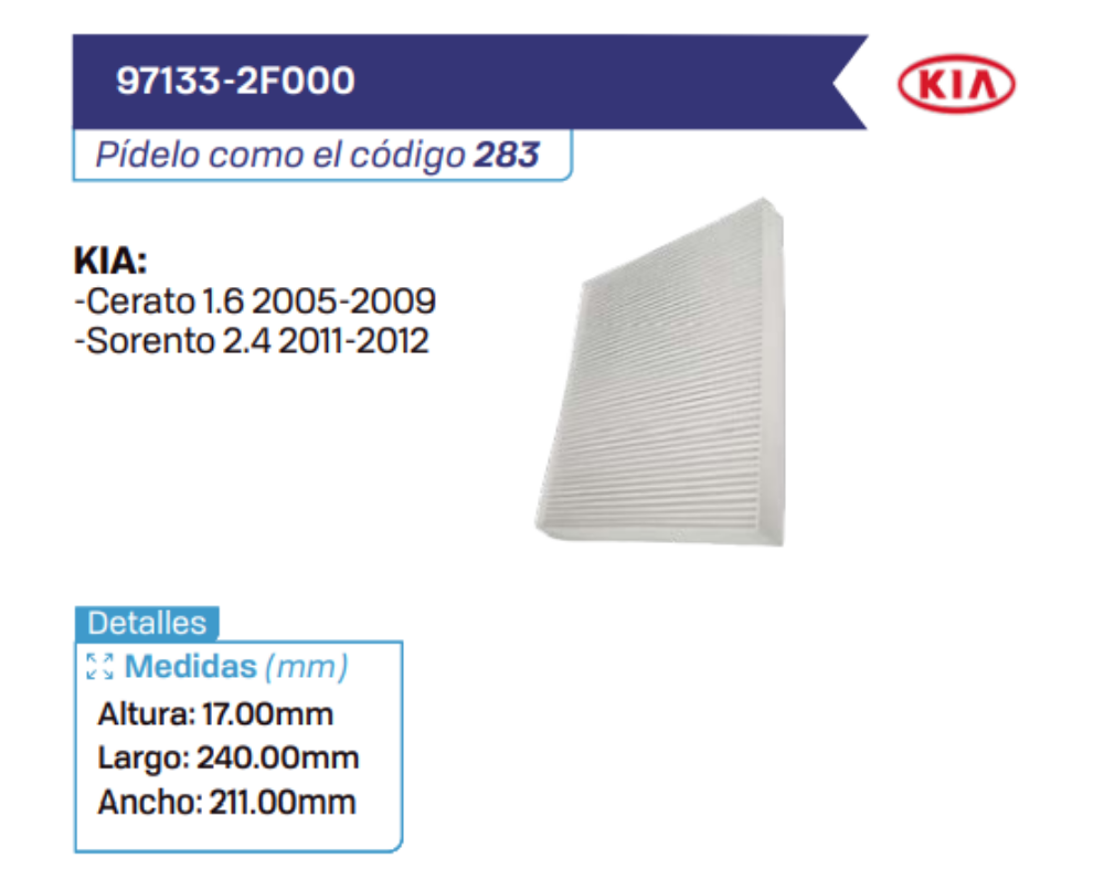 97133-2F000 Filtros de cabina KIA