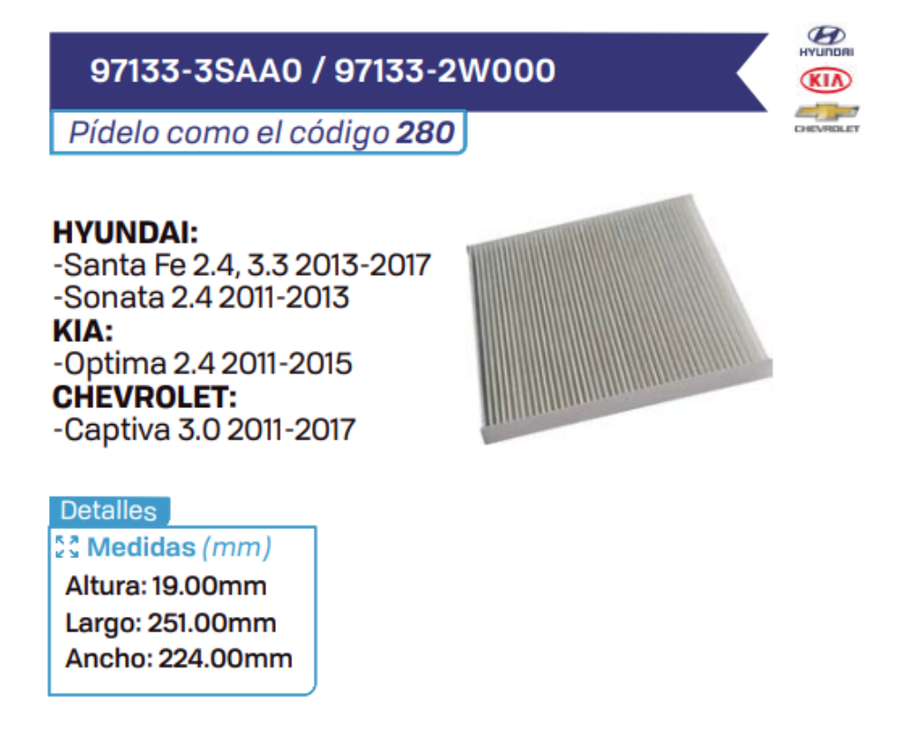 97133-3SAA0 _ 97133-2W000 Filtros de cabina HYUNDAI - KIA - CHEVROLET