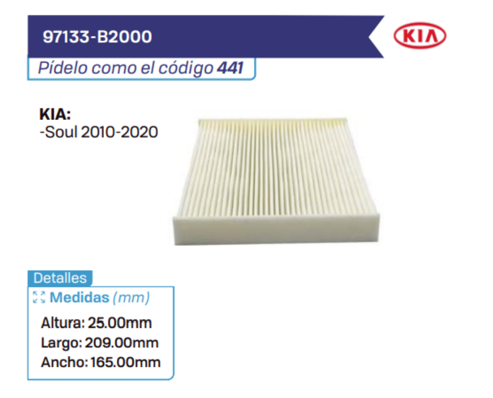 97133-B2000 Filtros de cabina KIA