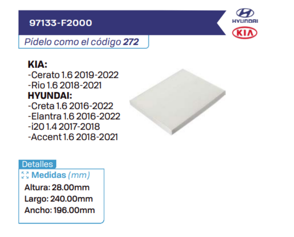 97133-F2000 Filtros de cabina KIA - HYUNDAI