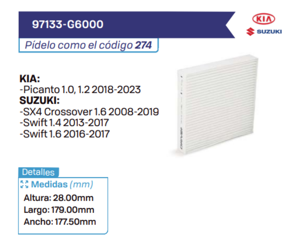 97133-G6000 Filtros de cabina KIA - SUZUKI
