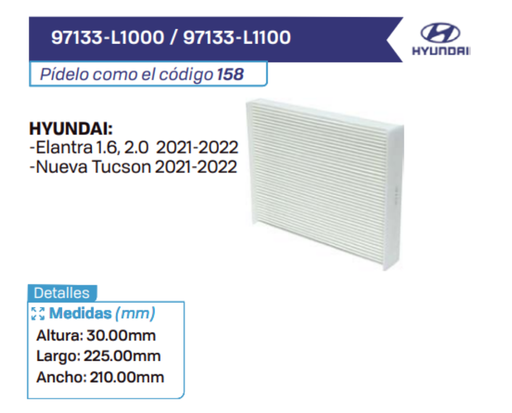 97133-L1000 _ 97133-L1100 Filtros de cabina HYUNDAI