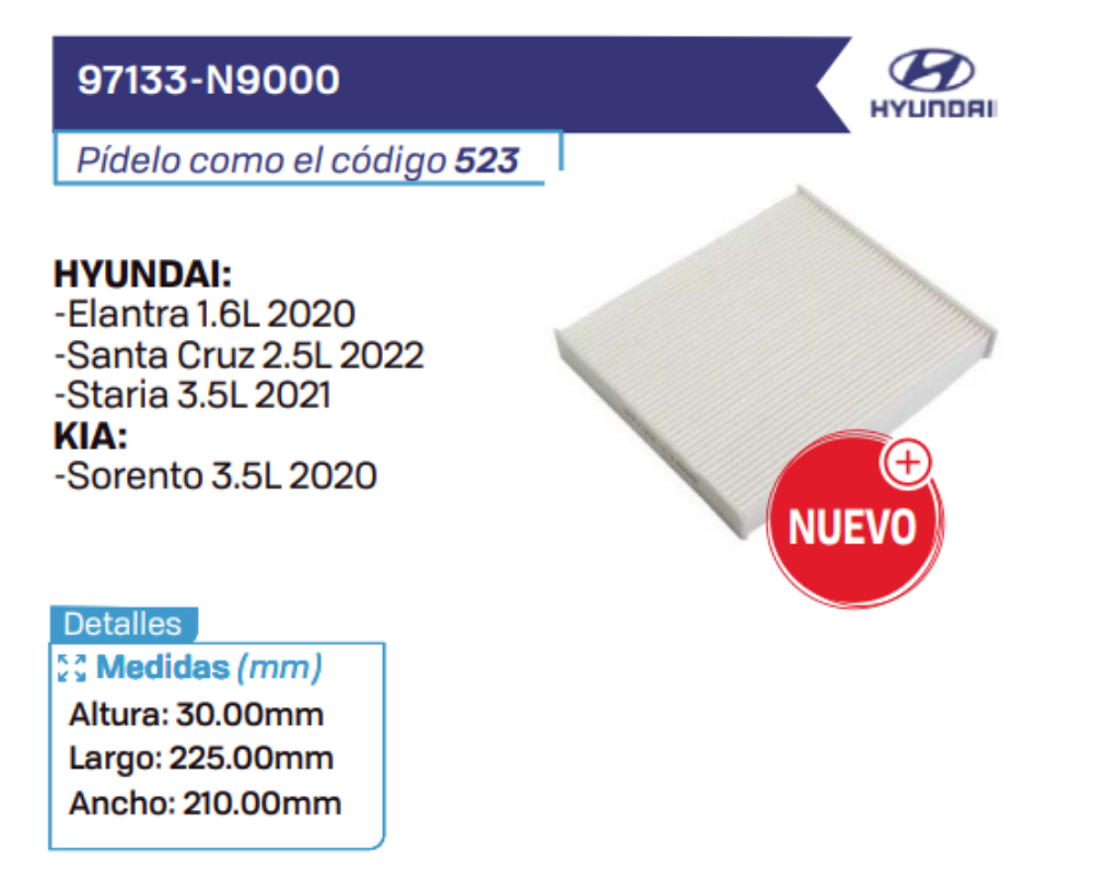 97133-N9000 Filtros de cabina HYUNDAI - KIA - CHEVROLET