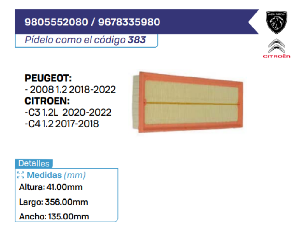 9805552080 _ 9678335980 Filtros de Aire PEUGEOT - CITROEN
