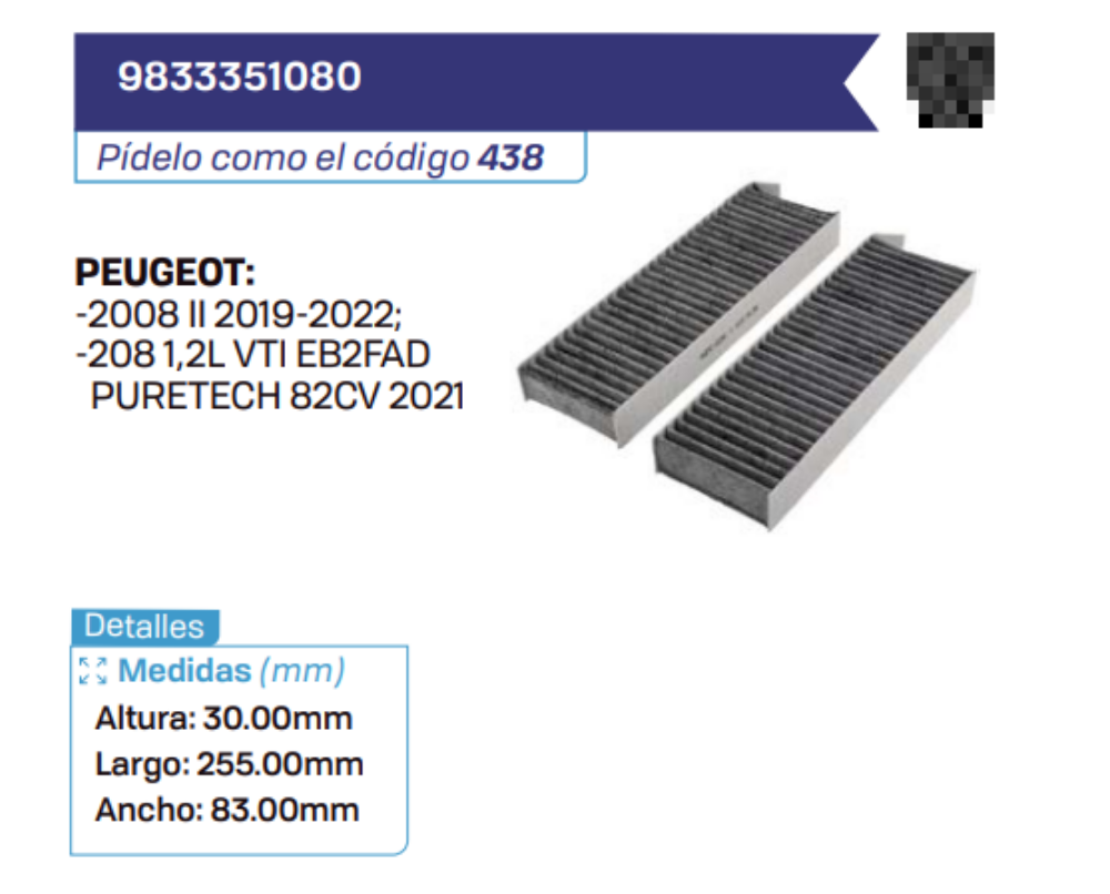 9833351080 Filtros de cabina PEUGEOT