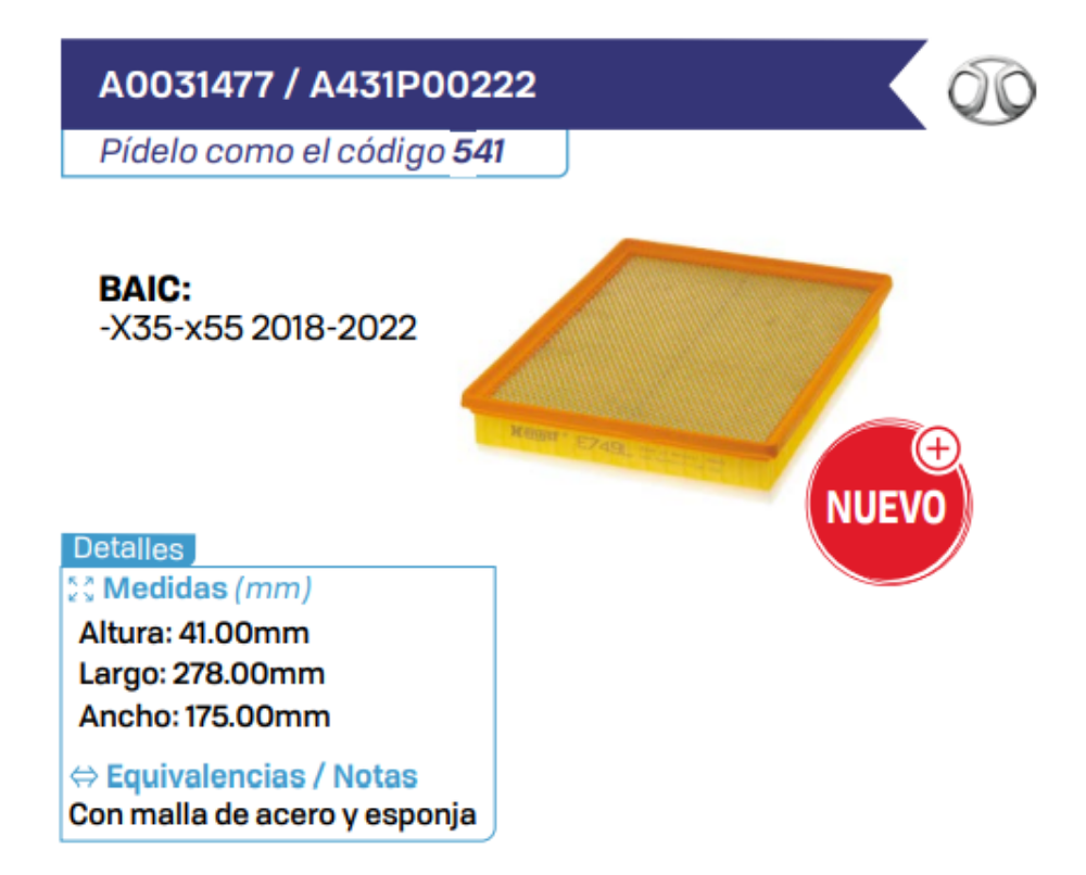 A0031477 _ A431P00222 Filtros de aire BAIC