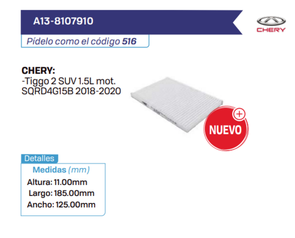A13-8107910 Filtros de cabina CHERY