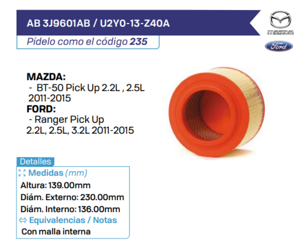 AB 3J9601AB _ U2Y0-13-Z40A Filtros de Aire MAZDA - FORD