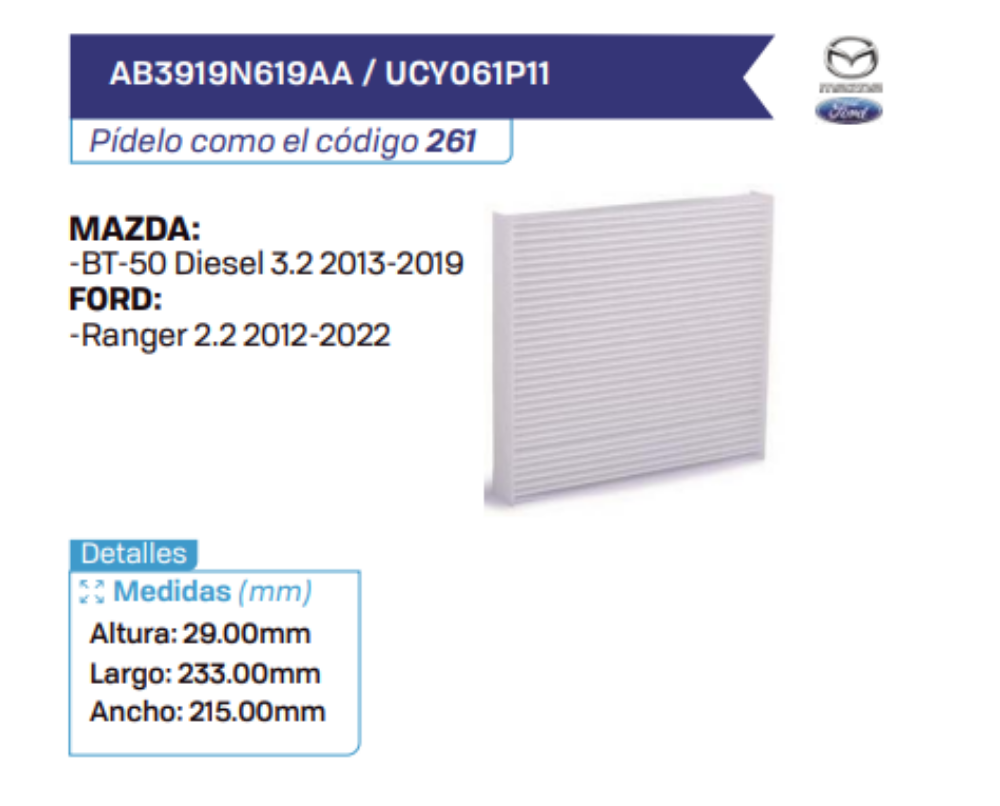 AB3919N619AA _ UCY061P11 Filtros de cabina MAZDA - FORD