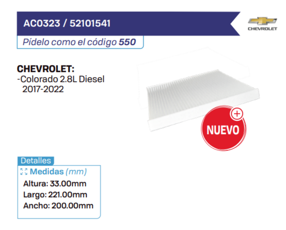 AC0323 _ 52101541 Filtros de cabina CHEVROLET