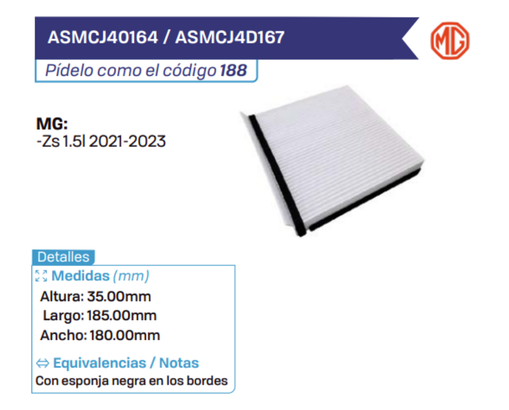 ASMCJ40164 _ ASMCJ4D167 Filtros de cabina MG