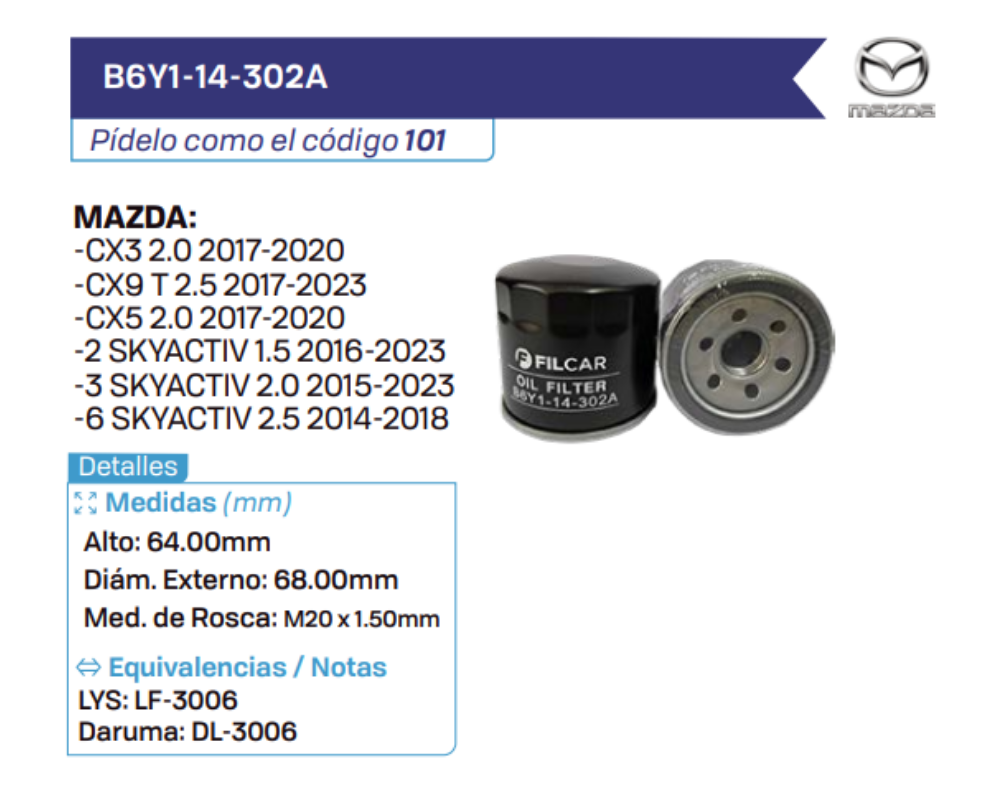 B6Y1-14-302A Filtros de aceite MAZDA