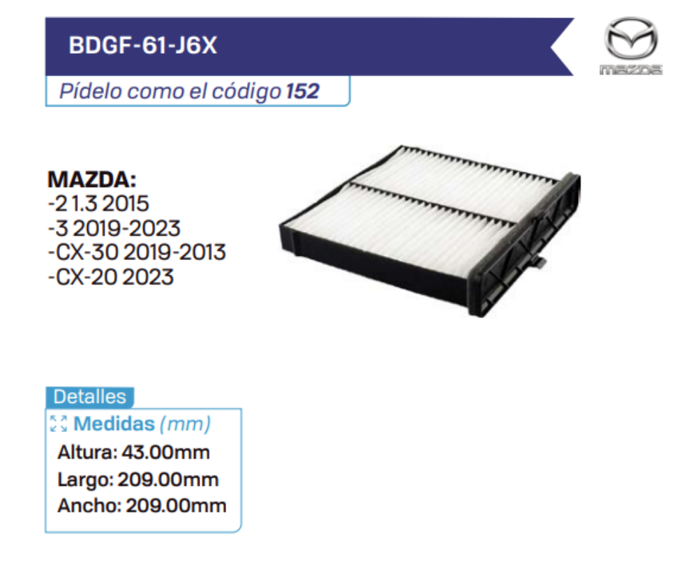 BDGF-61-J6X Filtros de cabina MAZDA