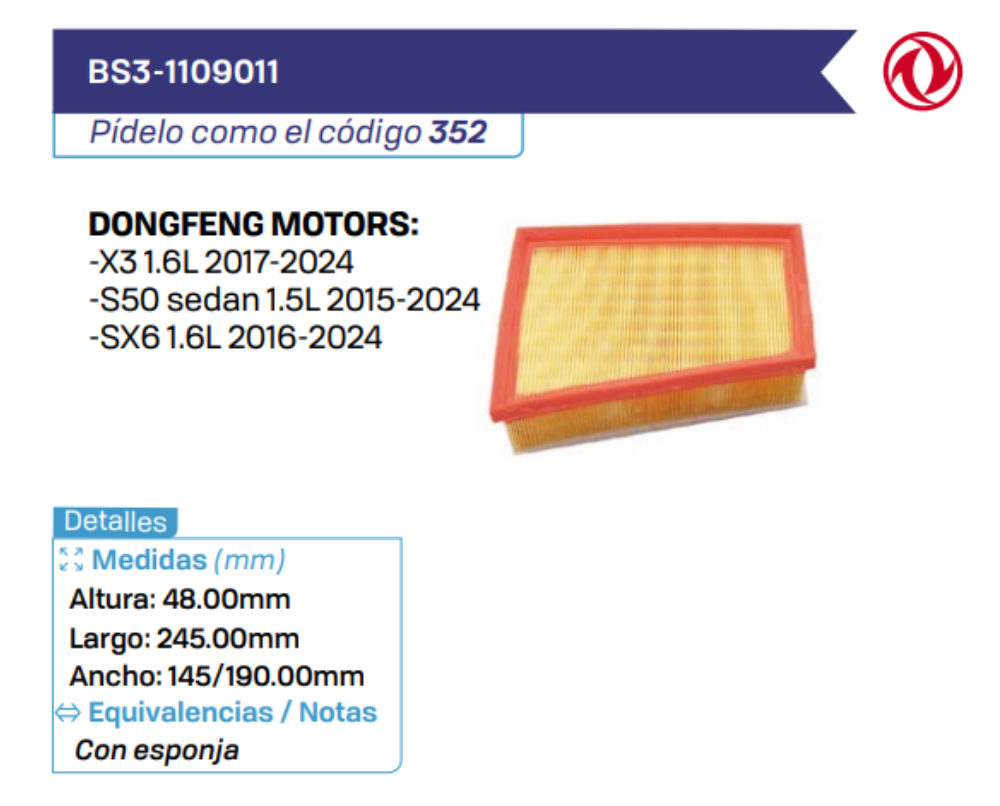 BS3-1109011 Filtros de aire DONGFENG MOTORS