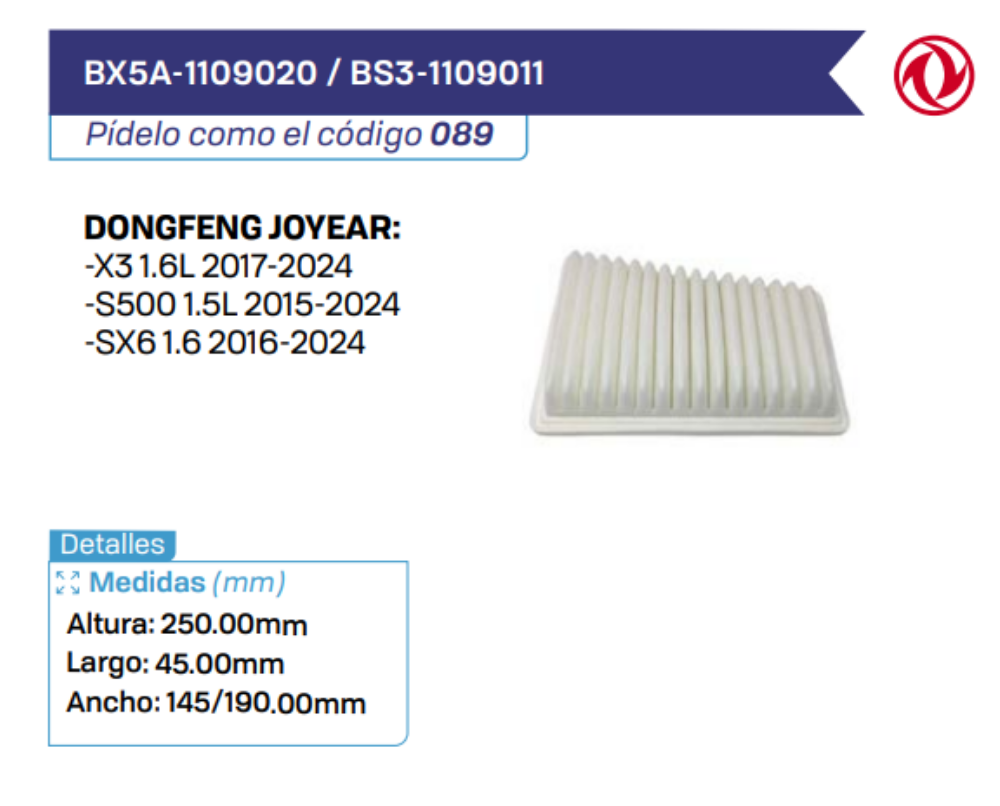 BX5A-1109020 _ BS3-1109011 Filtros de aire DONGFENG JOYEAR