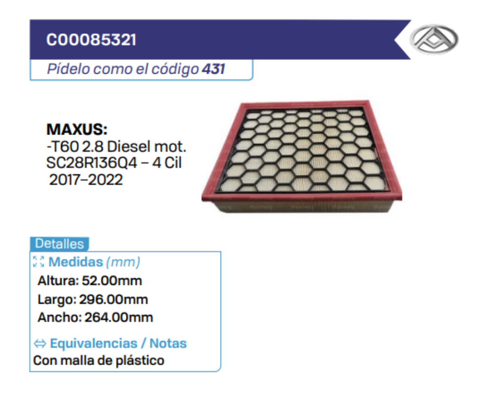 C00085321 Filtros de aire MAXUS