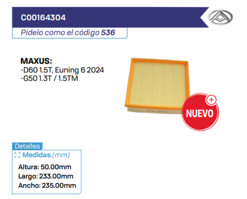 C00164304 Filtros de aire MAXUS