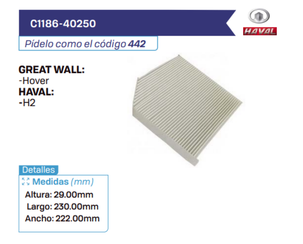 C1186-40250 Filtros de cabina GREAT WALL - HAVAL