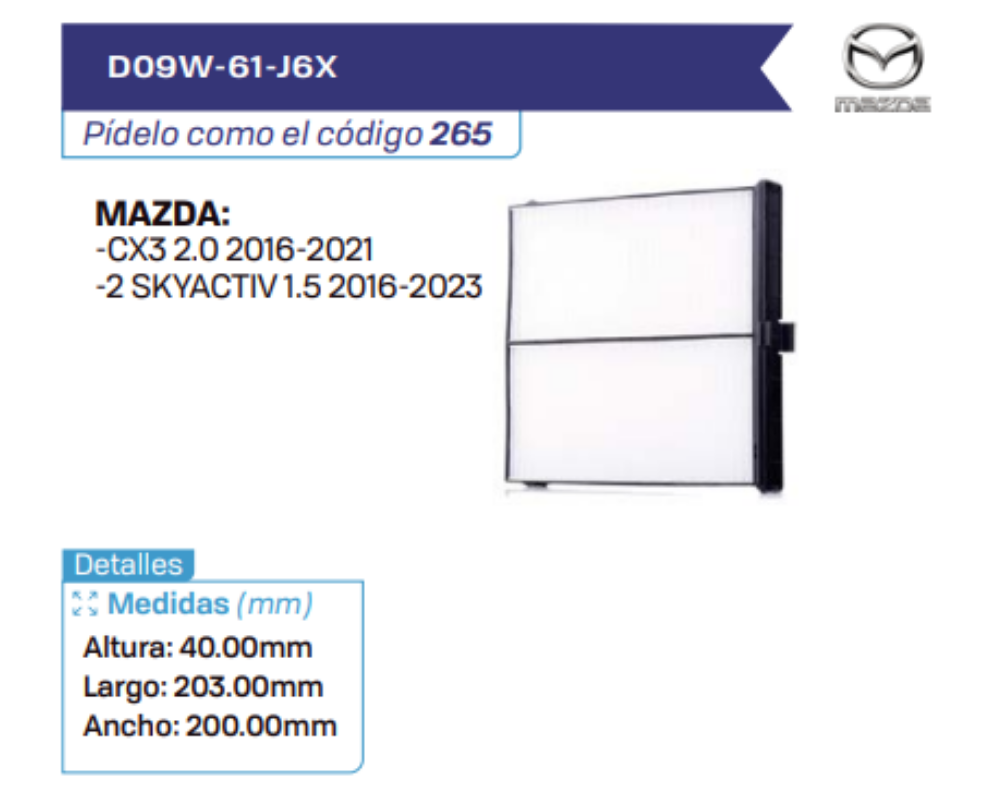 D09W-61-J6X Filtros de cabina MAZDA