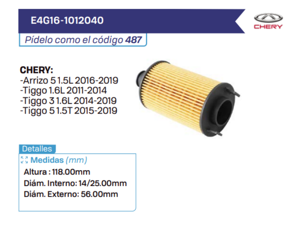 E4G16-1012040 Filtros de aceite CHERY