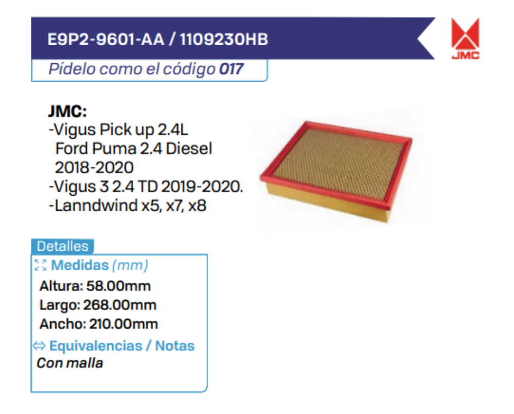 E9P2-9601-AA _ 1109230HB Filtros de aire JMC