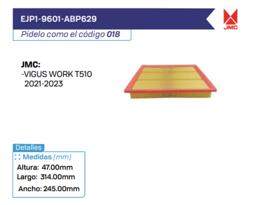 EJP1-9601-ABP629 Filtros de aire JMC