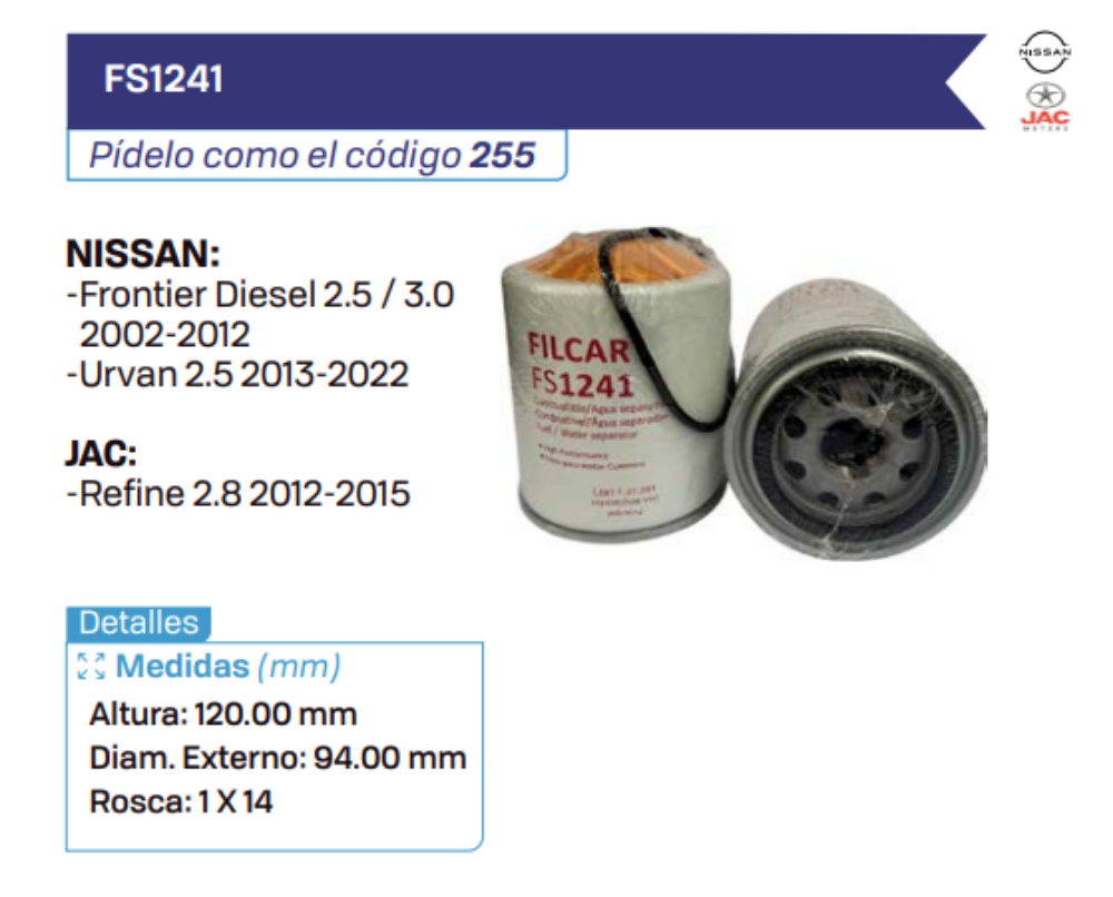 FS1241 Filtros de petróleo NISSAN - JAC