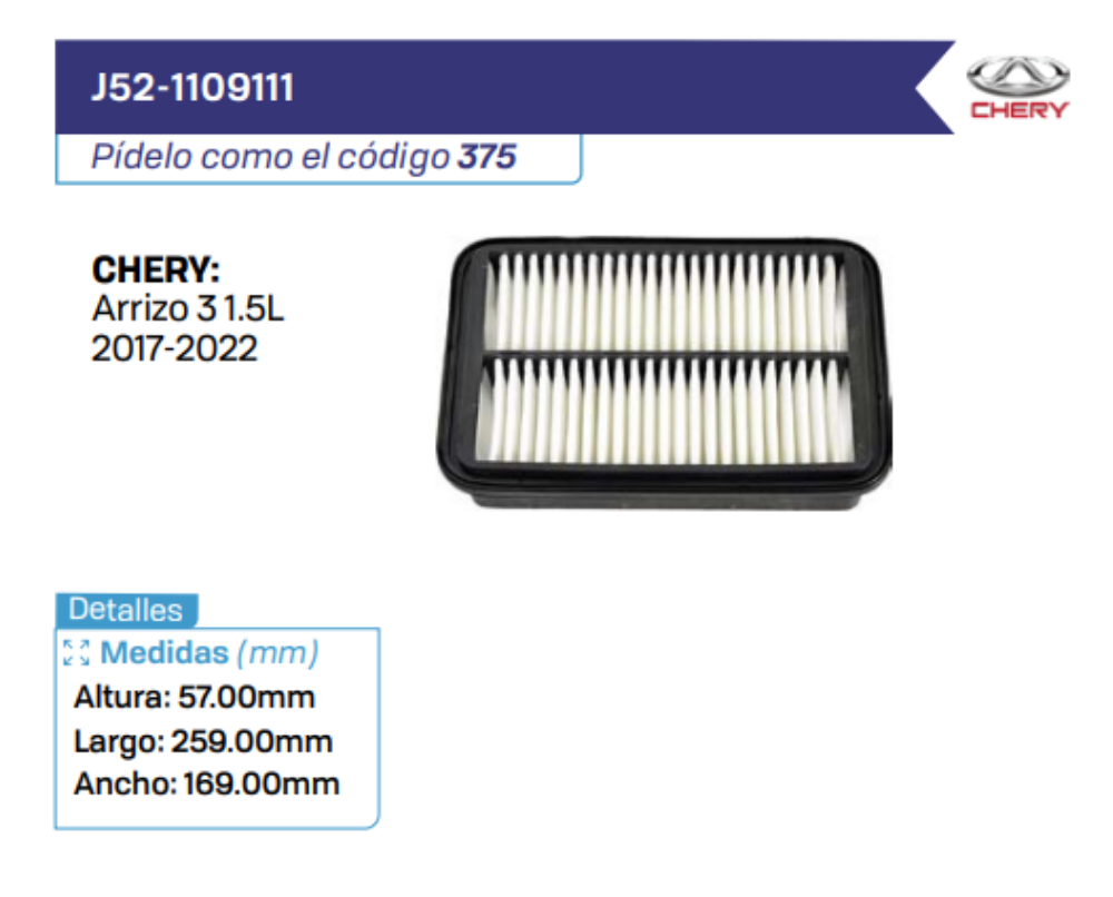 J52-1109111 Filtros de aire CHERY