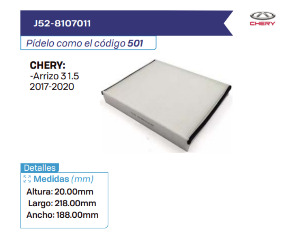J52-8107011 Filtros de cabina CHERY